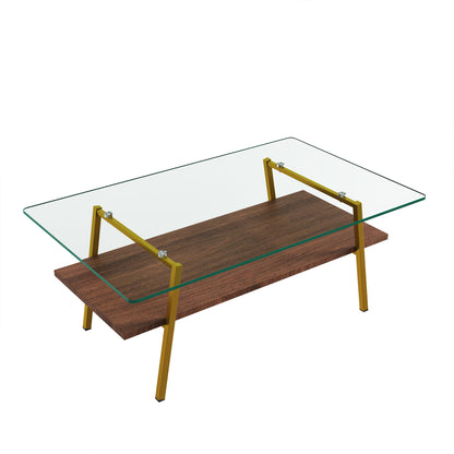 Rectangle Coffee Table, Tempered Glass Tabletop With Metal Legs, Modern Table For Living Room