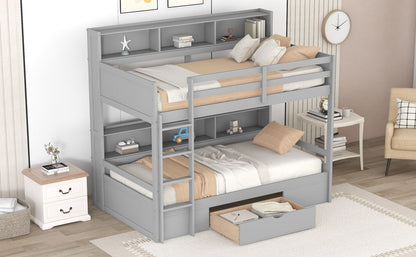 Twin Size Bunk Bed With Built-In Shelves Beside Both Upper And Down Bed And Storage Drawer