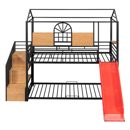 Metal Bunk Bed, Metal Housebed With Slide And Storage Stair