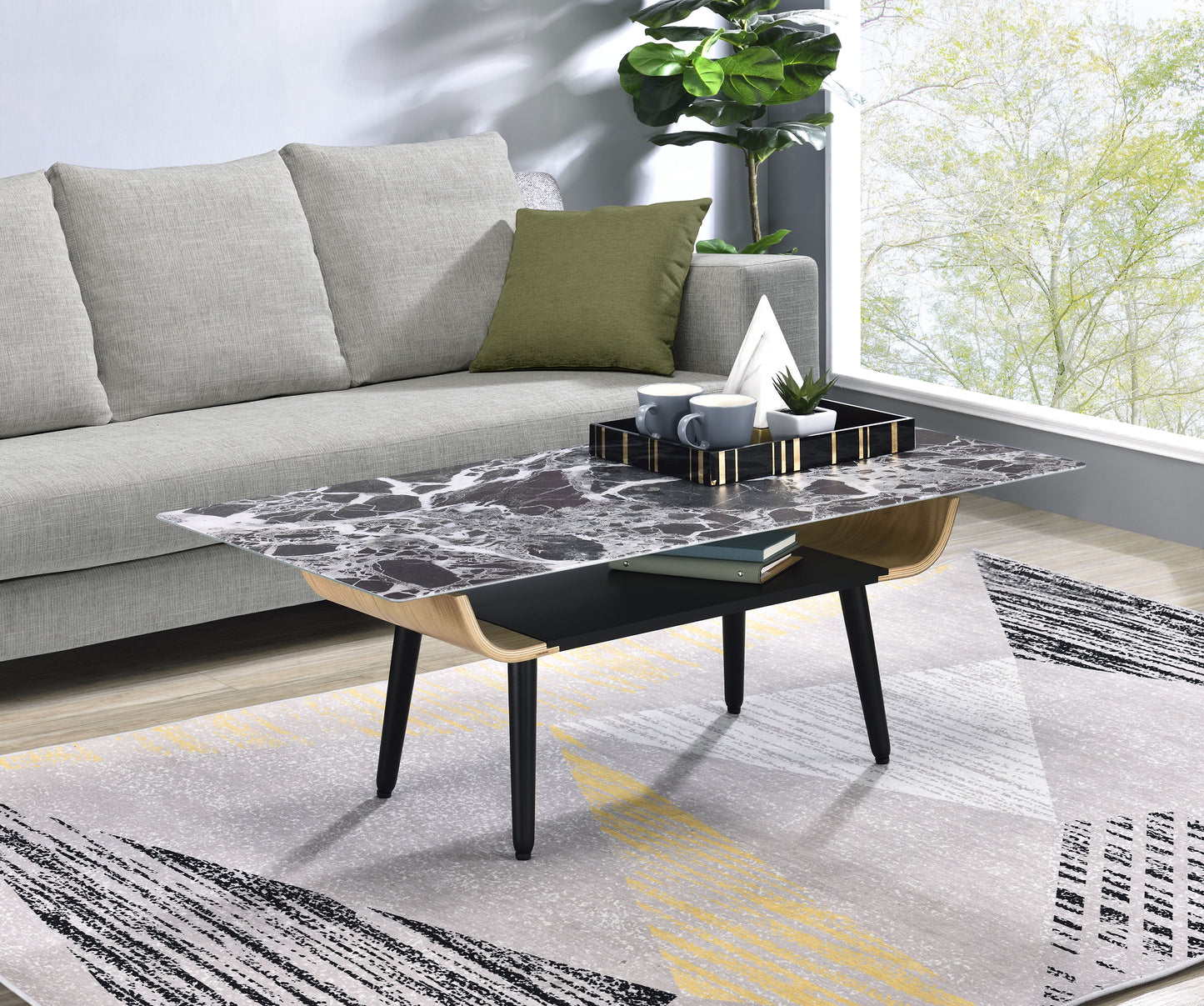 Landon - Coffee Table With Glass Marble Texture Top And Bent Wood Design