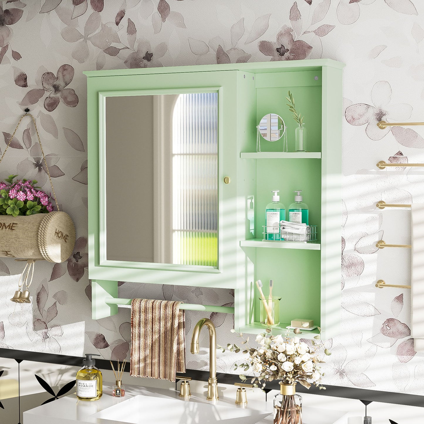 Wall Mounted Bathroom Storage Cabinet, Medicine Cabinets With Large Mirror Door, Adjustable Shelves And Three Open Storage Levels(Not Include Bathroom Vanity)