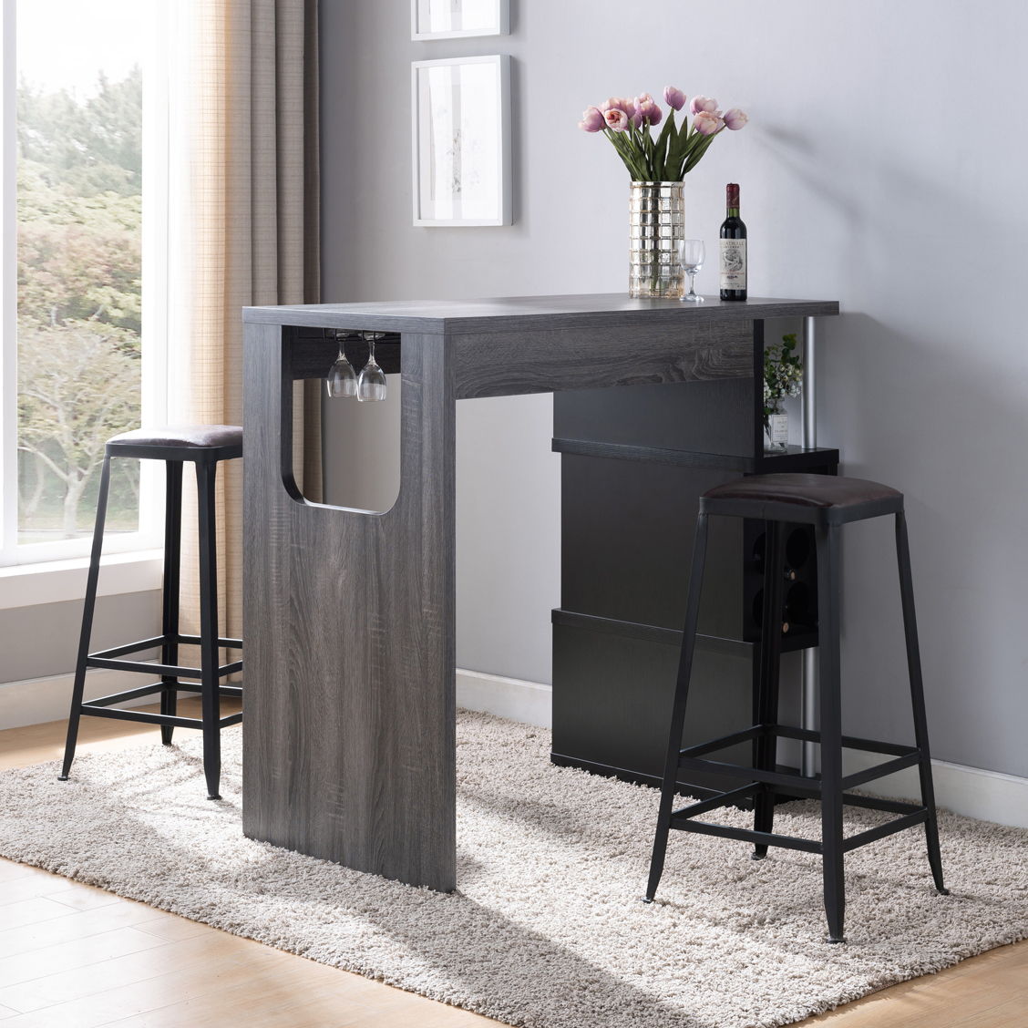 Home Bar Table With Wine Glass Compartment And Three Shelves - Distressed Gray / Black