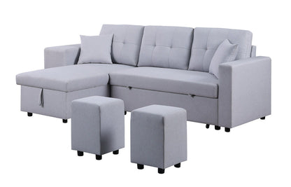 Dennis - Linen Fabric Reversible Sleeper Sectional With Storage Chaise And 2 Stools