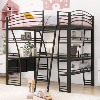 Loft Bed With 4 Layers Of Shelves And L-Shaped Desk, Stylish Metal Frame Bed With A Set Of Sockets, USB Ports And And Wireless Charging