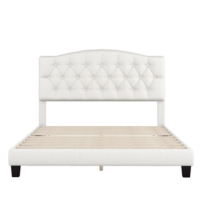 Queen Upholstered Platform Bed With Saddle Curved Headboard And Diamond Tufted Details - Beige