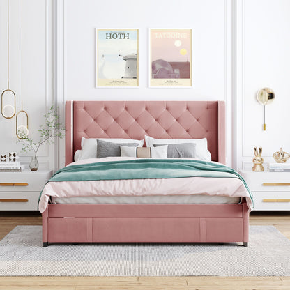 Queen Size Storage Bed Velvet Upholstered Platform Bed With Wingback Headboard And A Big Drawer