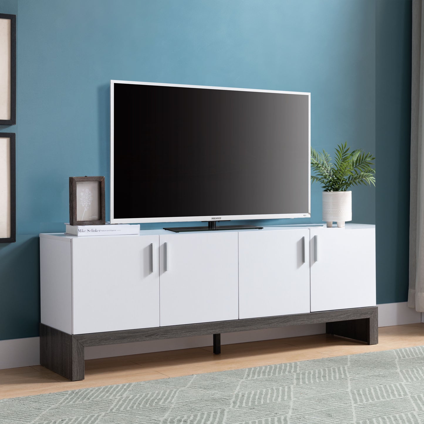 TV Stand With Four Door Cabinets, Metal Hinges, And Sturdy Wooden Leg Platform - White / Distressed Gray