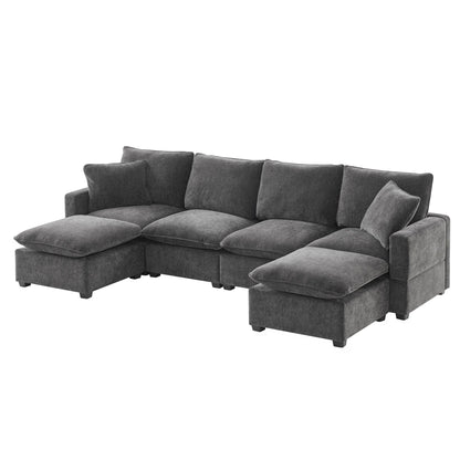 Modern U-Shape Modular Sofa, 6 Seat Chenille Sectional Couch Set With 2 Pillows Included, Freely Combinable Indoor Funiture For Living Room, Apartment, Office