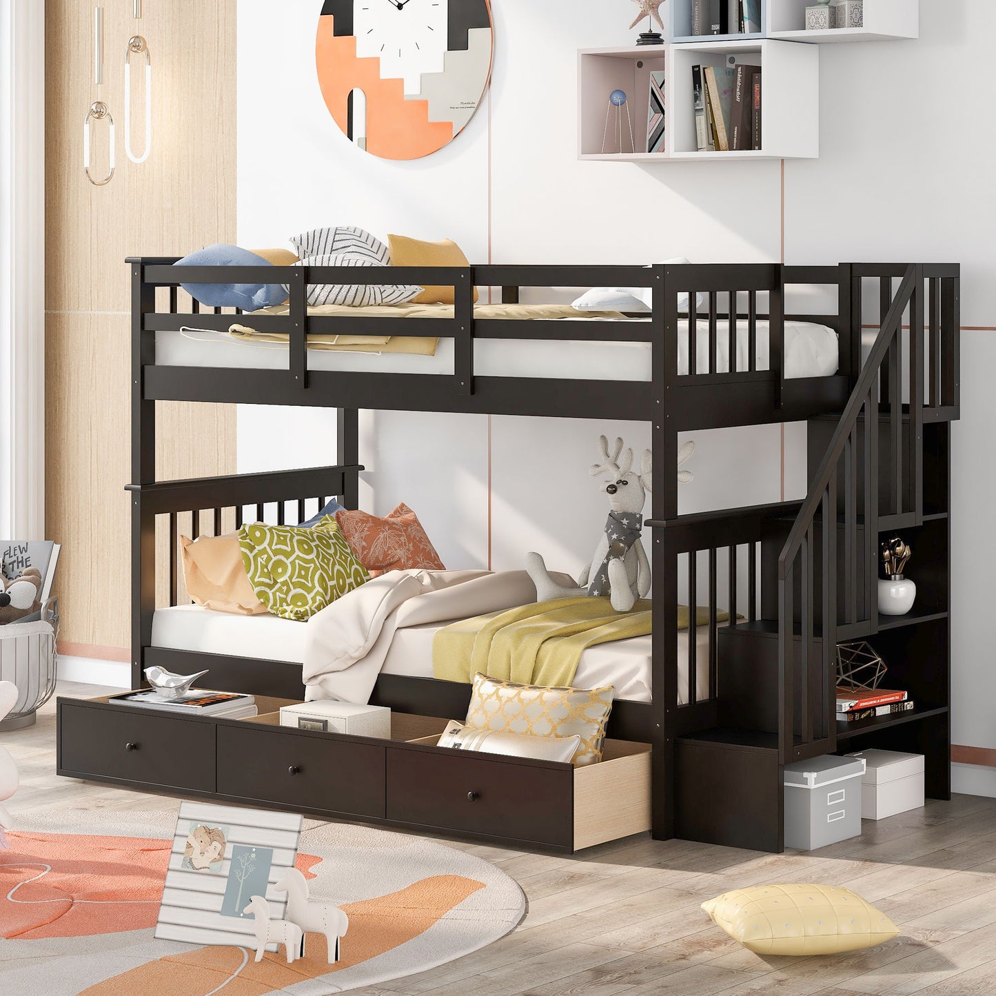 Stairway Twin Over Twin Bunk Bed With Three Drawers For Bedroom, Dorm