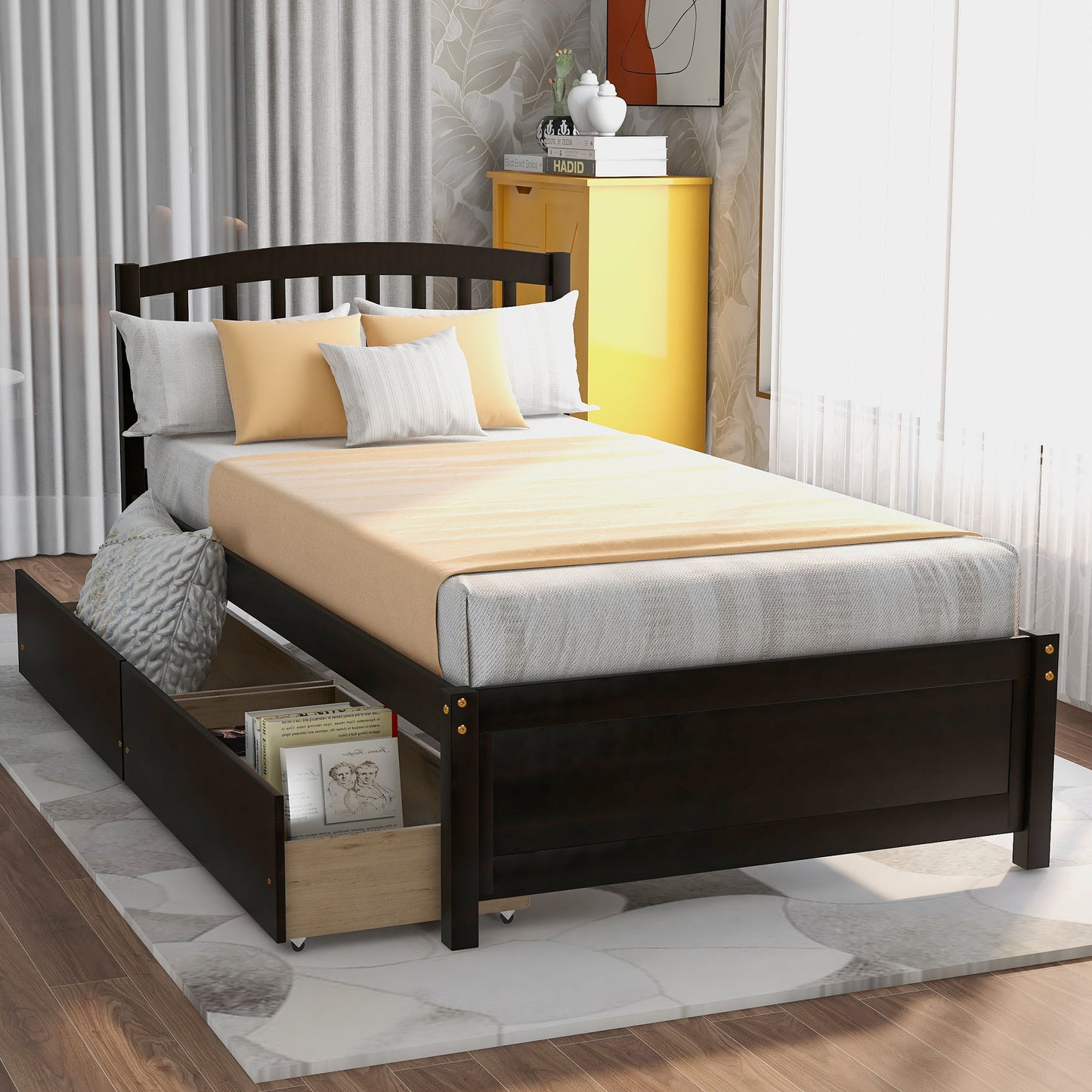 Platform Storage Bed Wood Bed Frame With Two Drawers And Headboard