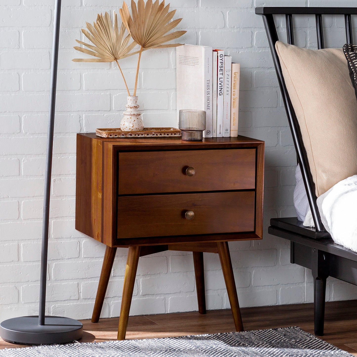 Mid-Century Modern Double Drawer Nightstand - Walnut