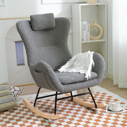 Rocking Chair Nursery, Teddy Upholstered Rocker Glider Chair With High Backrest, Adjustable Headrest & Pocket, Comfy Glider Chair For Nursery, Bedroom, Living Room, Offices, Rubber Wood