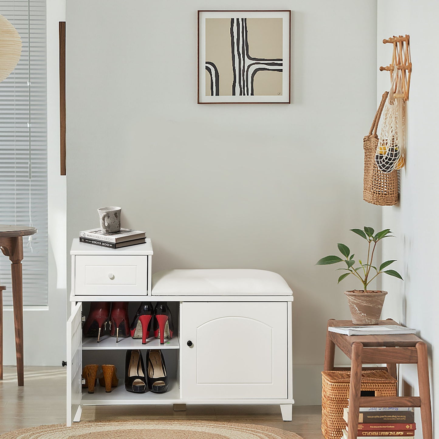 Shoe Storage Bench Cabinet With Fireproof PU Cushion, Double Doors And Movable Drawer For Door Entrance - White