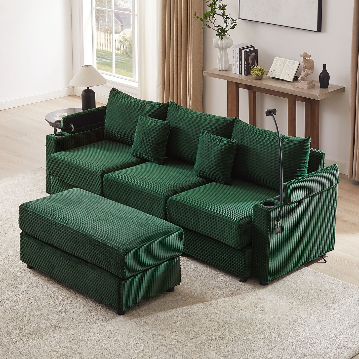 Modern Style Loveseat Sofa Sectional Sofa Couch With Storage Space, A Movable Ottoman, Two USB Ports, Two Cup Holders, A Phone Holder For Living Room