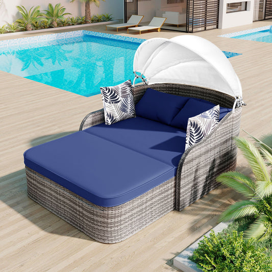 Outdoor Sunbed With Adjustable Canopy, Daybed With Pillows, Double Lounge, PE Rattan Daybed