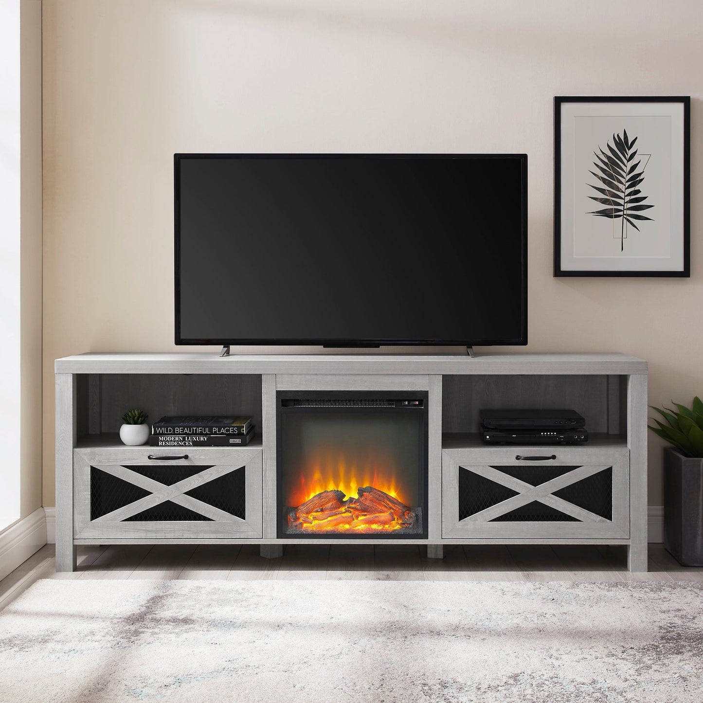 Industrial Farmhouse Metal Mesh Drop Down X Door Fireplace TV Stand