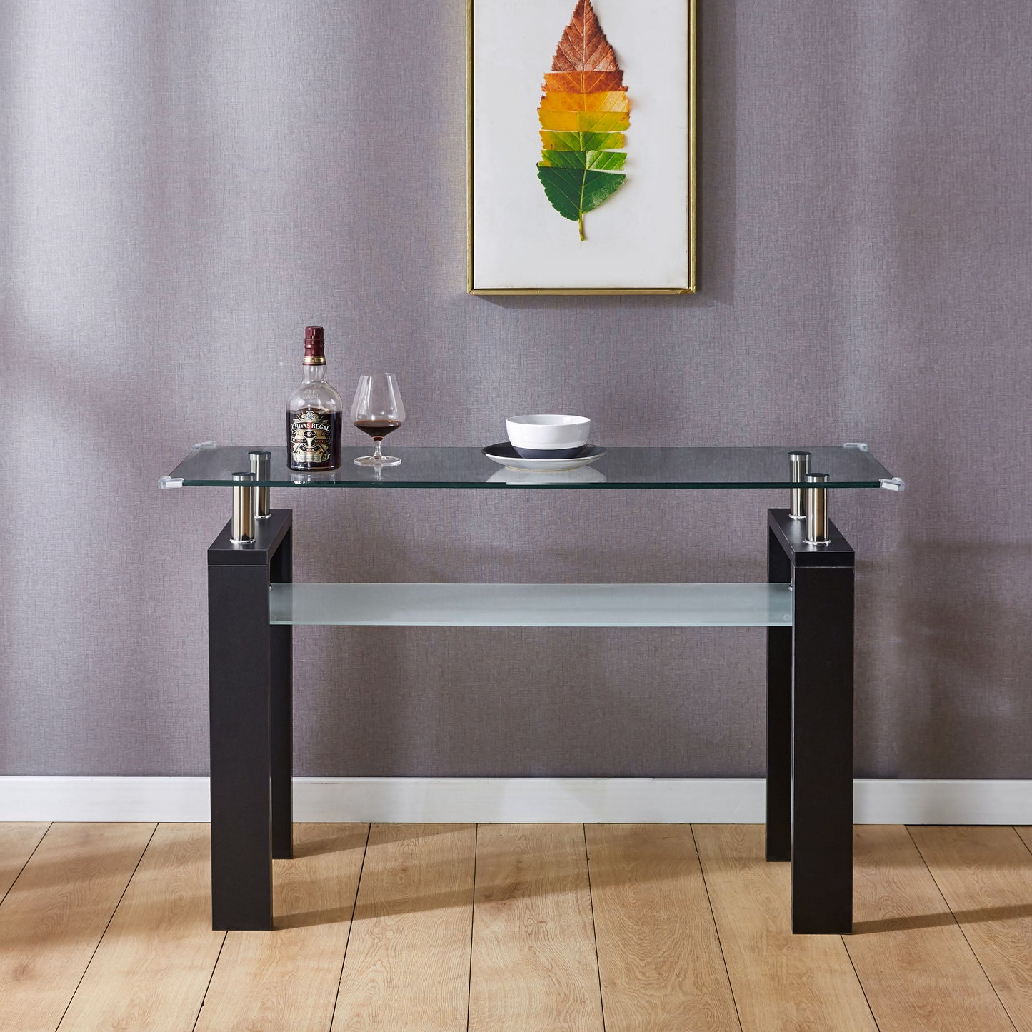 MDF Console Table, Tempered Glass Top, Modern Foyer Area Table - Black