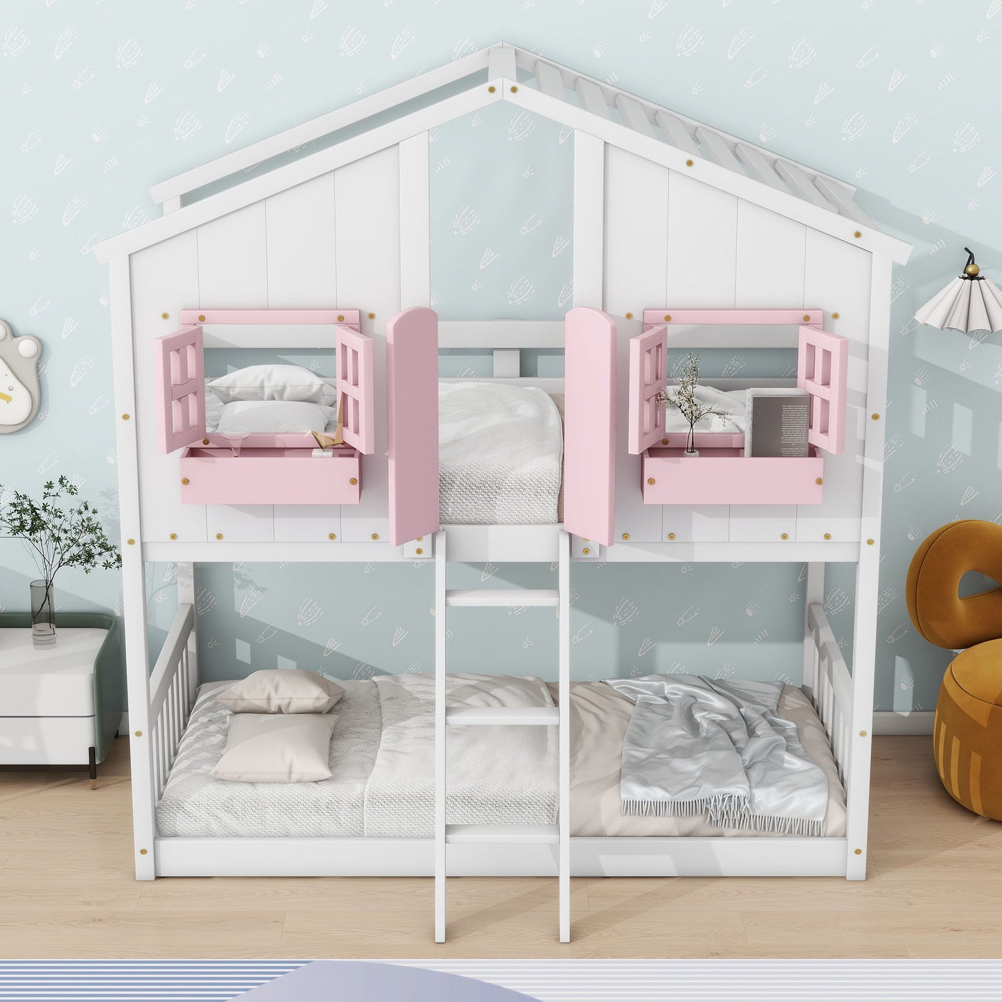 House Bunk Bed With Roof, Window, Window Box, Door, With Safety Guardrails And Ladder