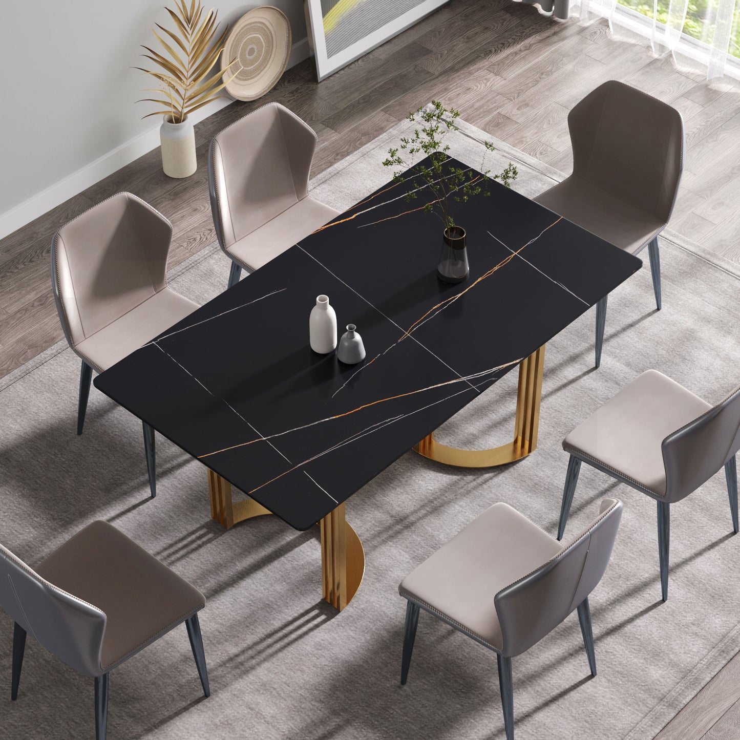 63" Modern Artificial Stone Black Straight Edge Golden Metal Leg Dining Table, 6 People - Black