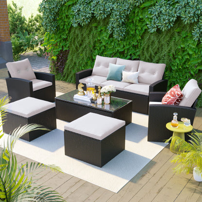 All-Weather Wicker PE Rattan Patio Outdoor Dining Conversation Sectional Set With Coffee Table, Wicker Sofas, Ottomans, Removable Cushions