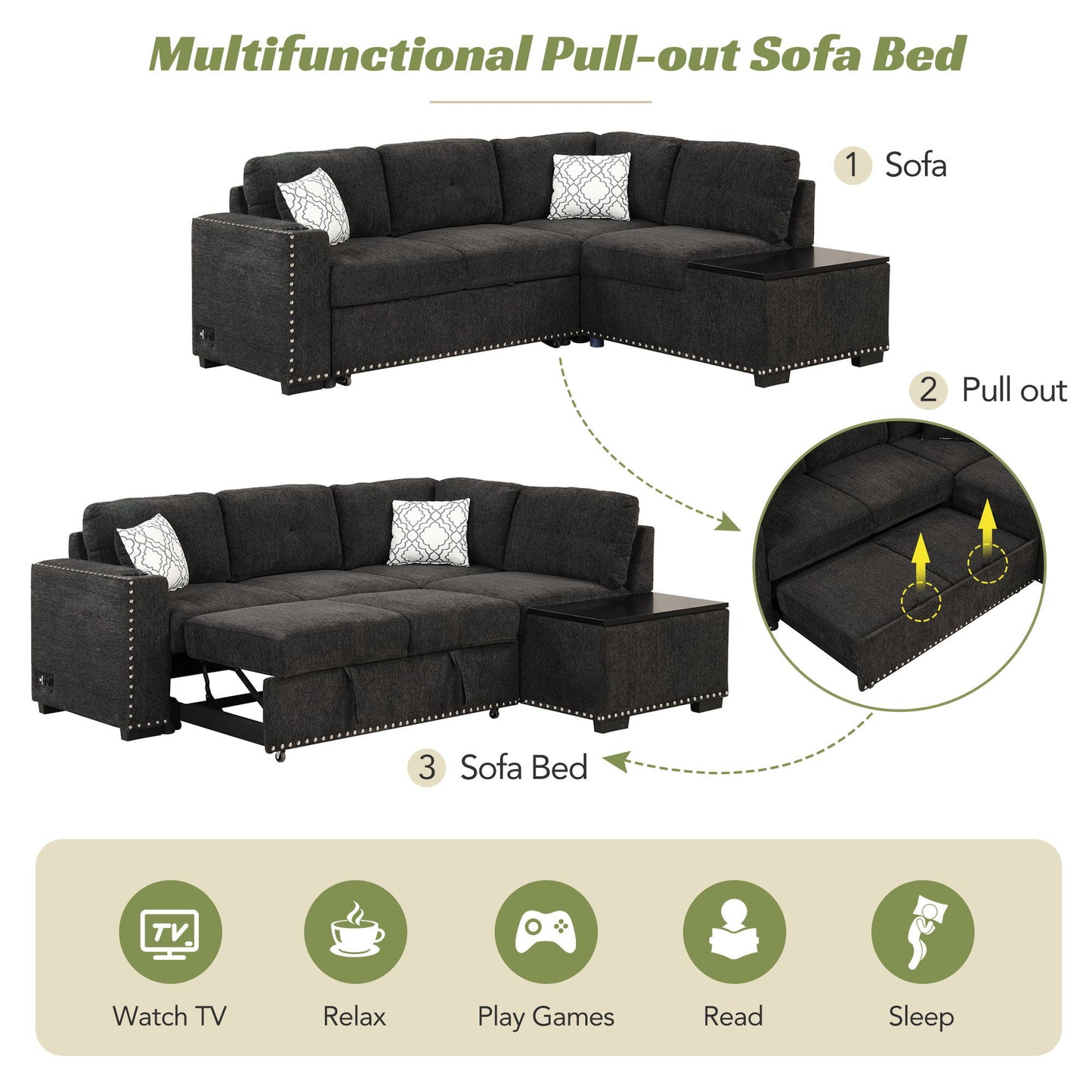 Sectional Pull-Out Sofa Bed L-Shaped Corner Sofa Couch With Storage Chaise, USB Ports, Power Sockets, Cup Holder For Living Room, Bedroom, Study