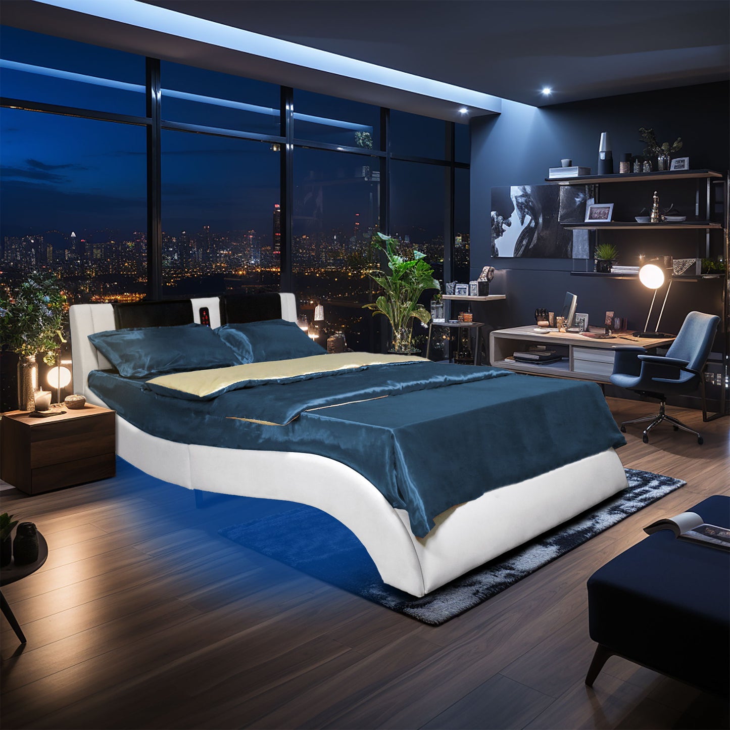 Upholstered Platform Bed Frame With LED Lighting, Bluetooth Connection To Play Music Control, Backrest Vibration Massage, Curve Design, Wood Slat Support