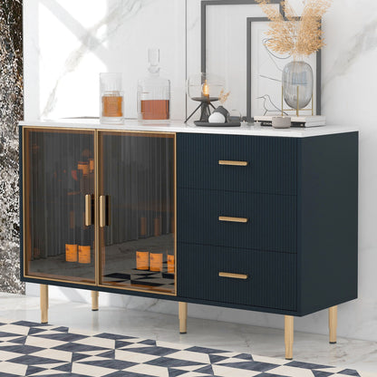 Modern Sideboard Buffet Cabinet Marble Sticker Tabletop And Amber-Yellow Tempered Glass Doors With Gold Metal Legs & Handles