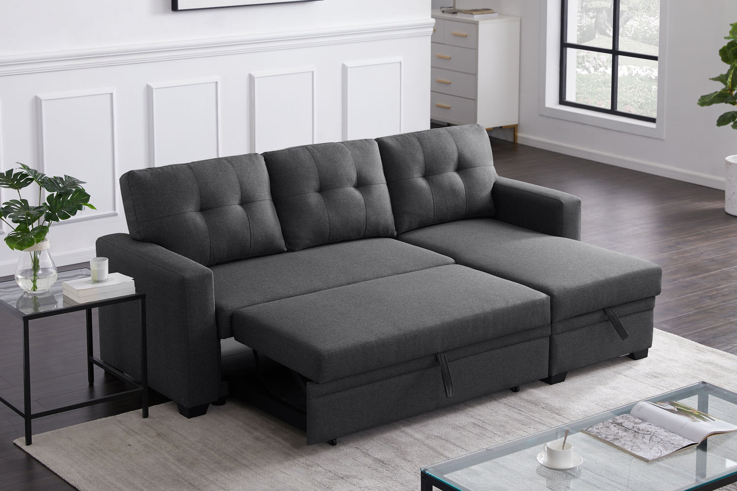 Upholstered Cushions Pull Out Sectional Sofa With Chaise