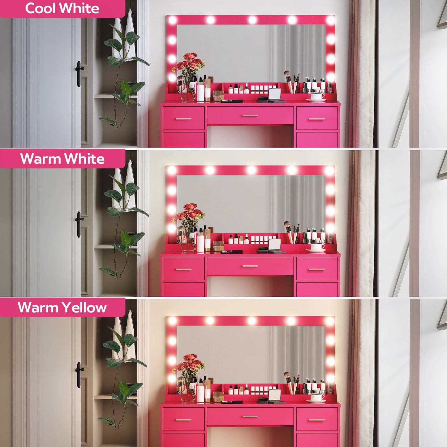 Vanity Desk With Large Mirror, 3 Colour Lighting Modes, Adjustable Brightness, Dresser With 3 Drawers & 2 Vertical Cabinets, Makeup Vanity Table For Women & Girls