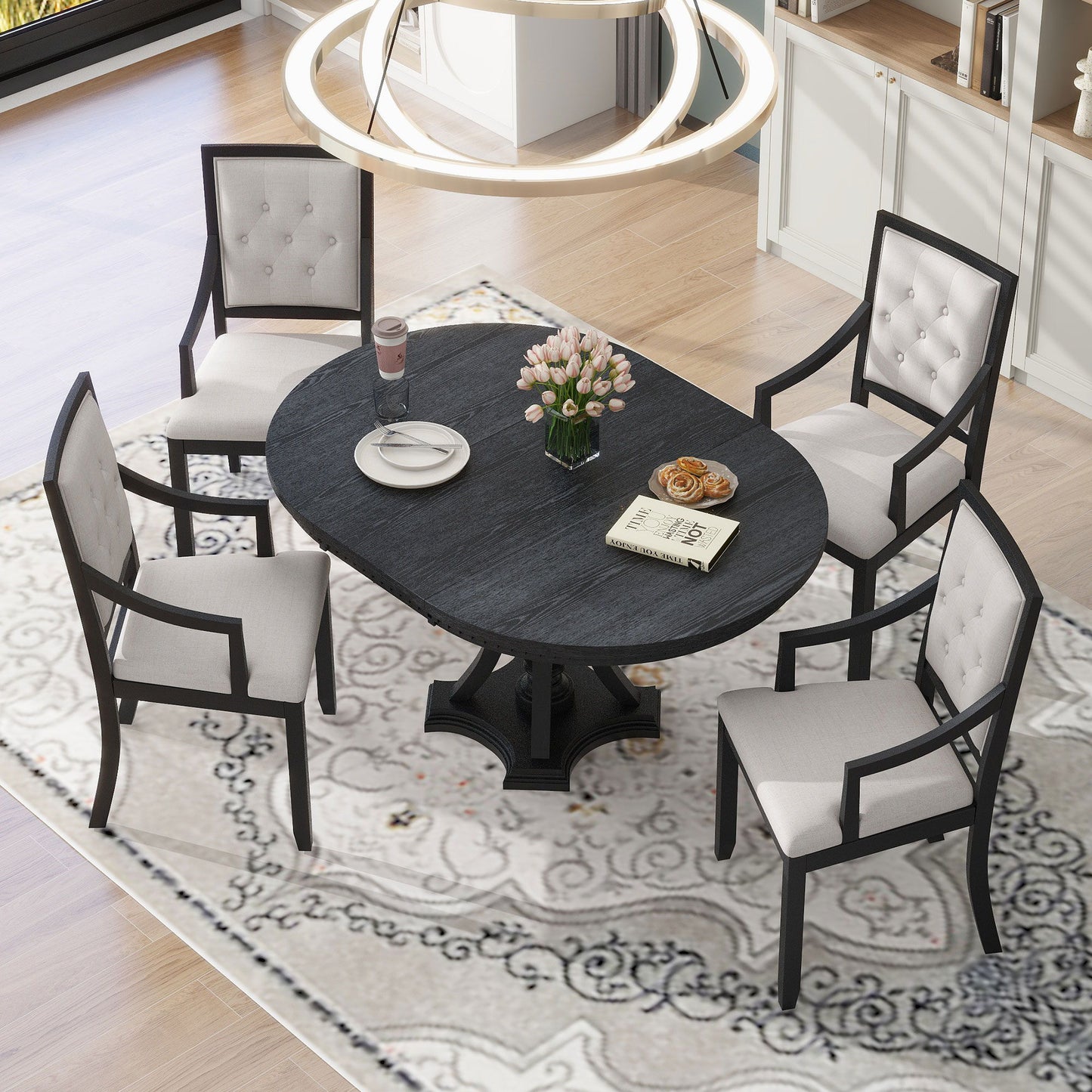 Dining Set Retro Extendable Round Table And Chairs For Kitchen Dining Room