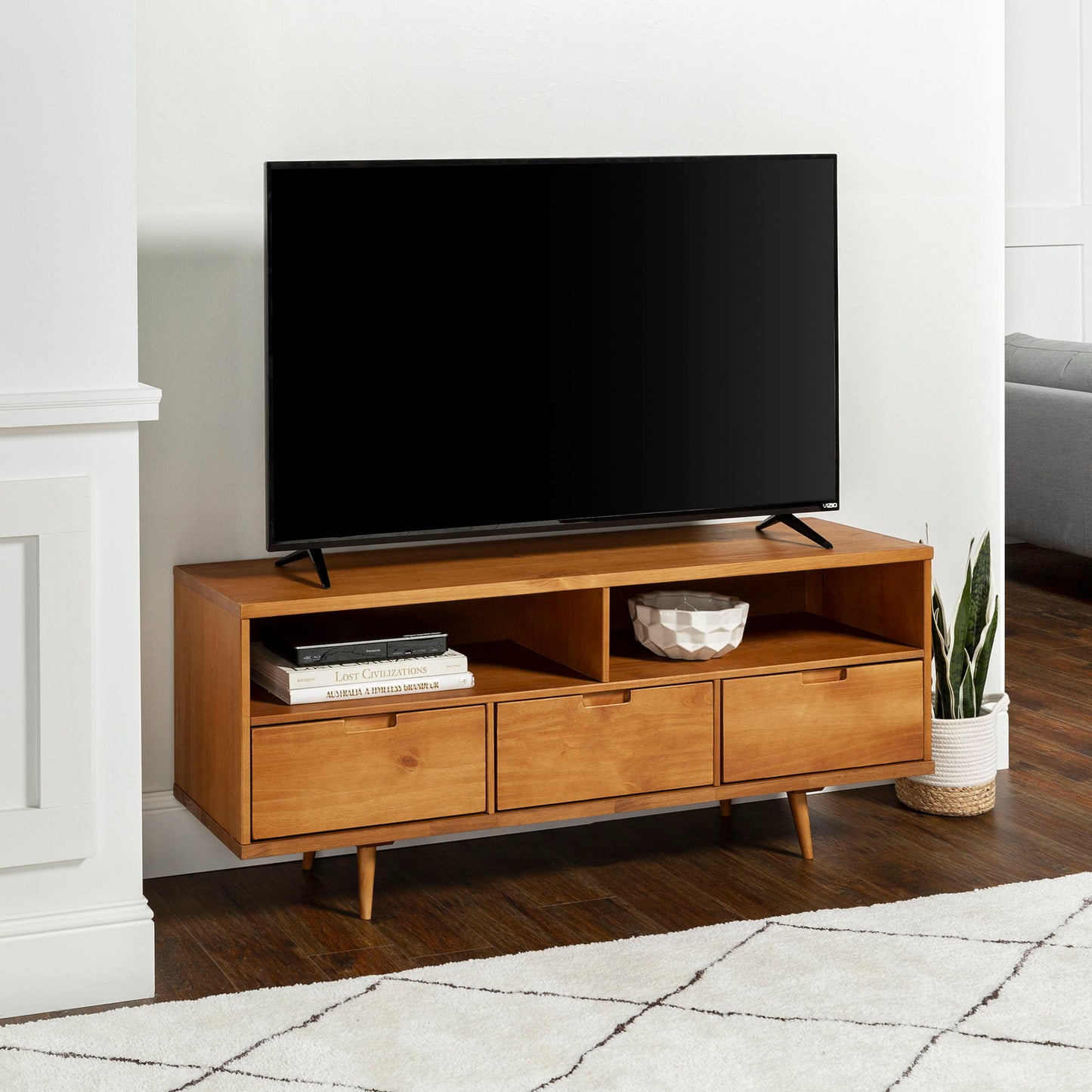 Mid-Century Modern Minimalist 3 Drawer Corner TV Stand For TVs Up To 58