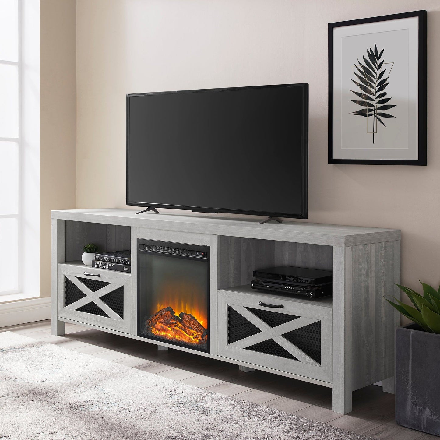 Industrial Farmhouse Metal Mesh Drop Down X Door Fireplace TV Stand