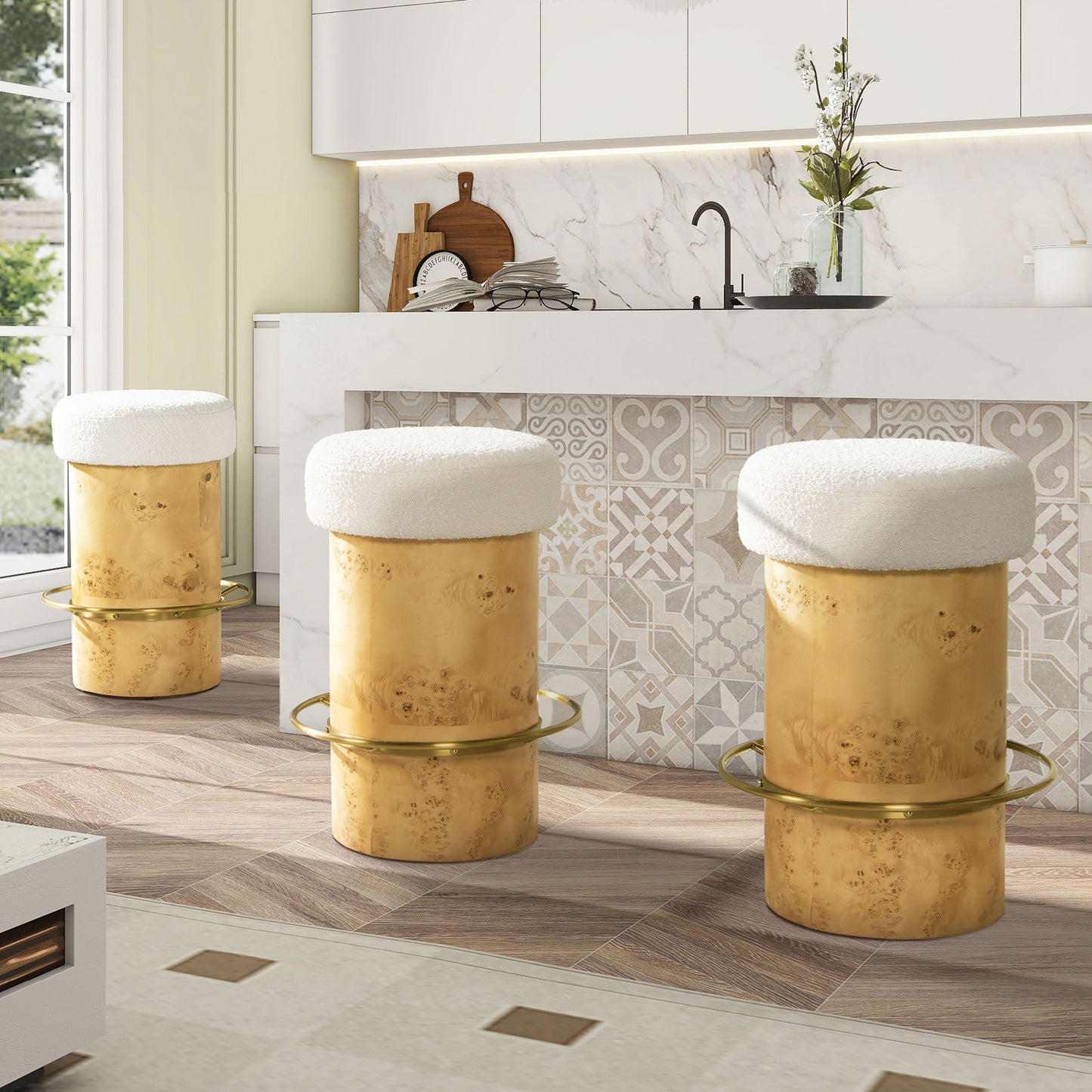 Nebula - Backless Round Upholstered Counter Stool With Burl - Ivory White