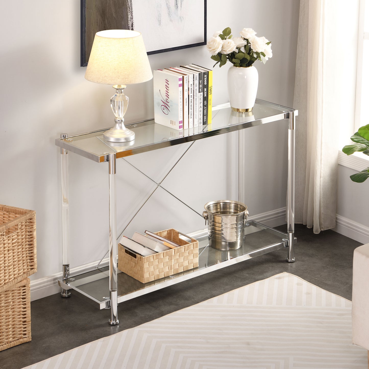 Chrome Glass Sofa Table, Acrylic Side Table, Console Table For Living Room & Bedroom - Chrome