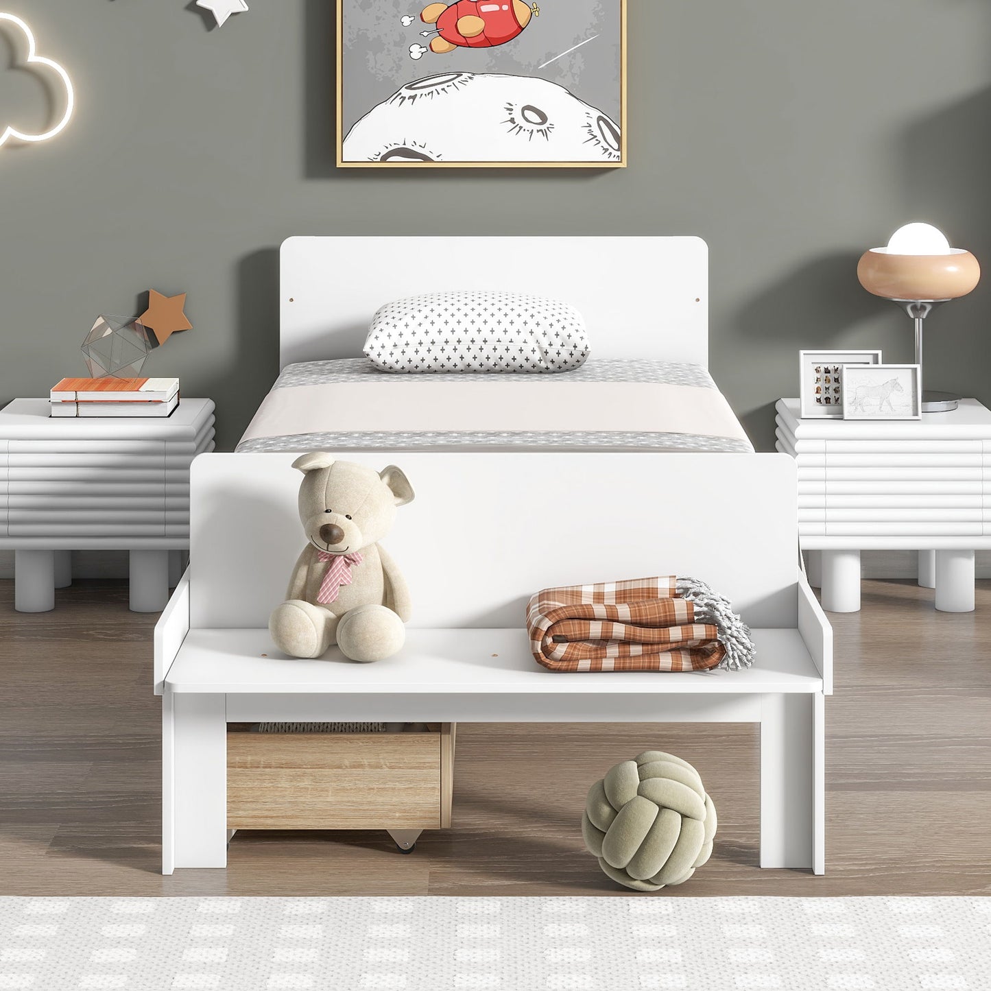 Twin Bed With Footboard Bench, 2 Drawers - White