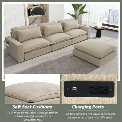 Sectional Sofa Cloud Sofa Chenille Upholstered Sofa Couch With Movable Ottoman, Comfortable Seat Cushions, Charging Ports And Three Back Pillows For Living Room