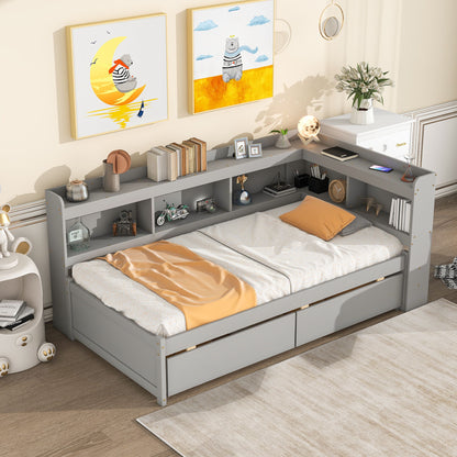 Twin Bed With L-Shaped Bookcases, Drawers