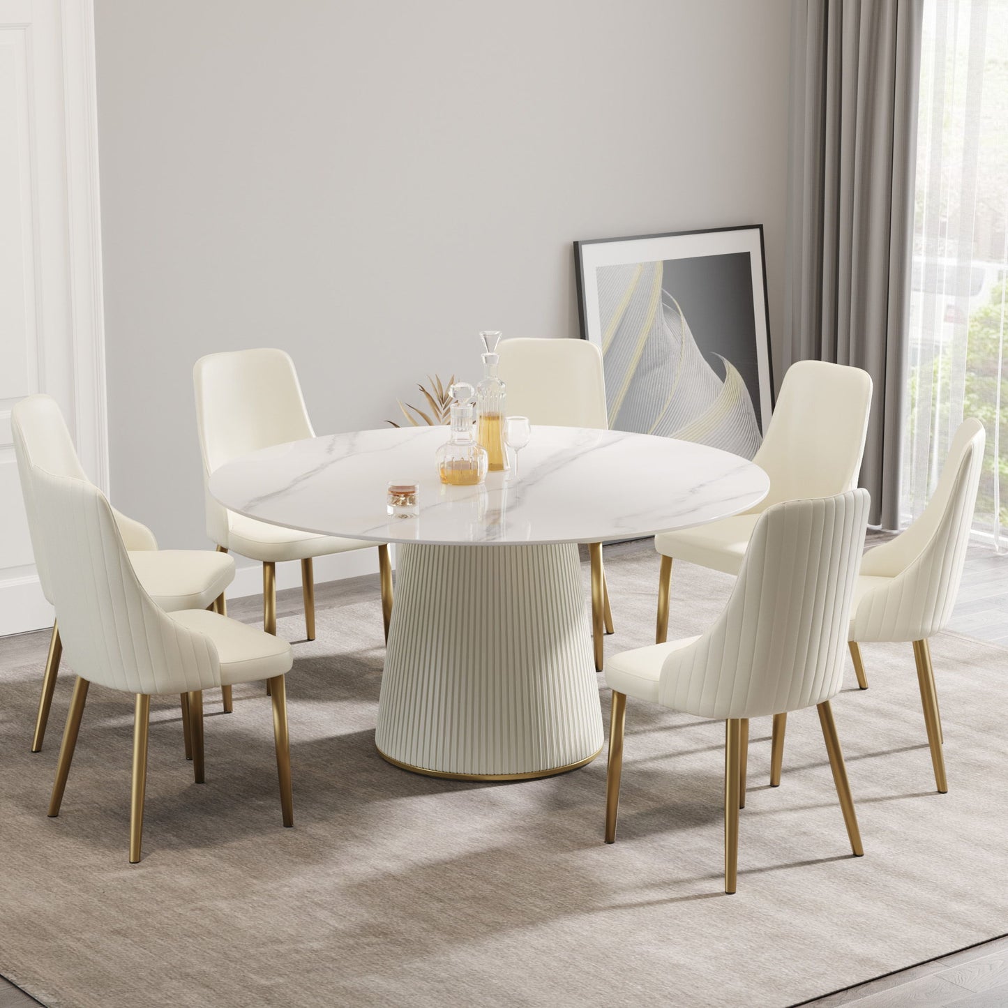 Modern Artificial Stone Round Plywood PU Base Dining Table, Can Accommodate 8 People, (Not Including Chairs) - White / Beige