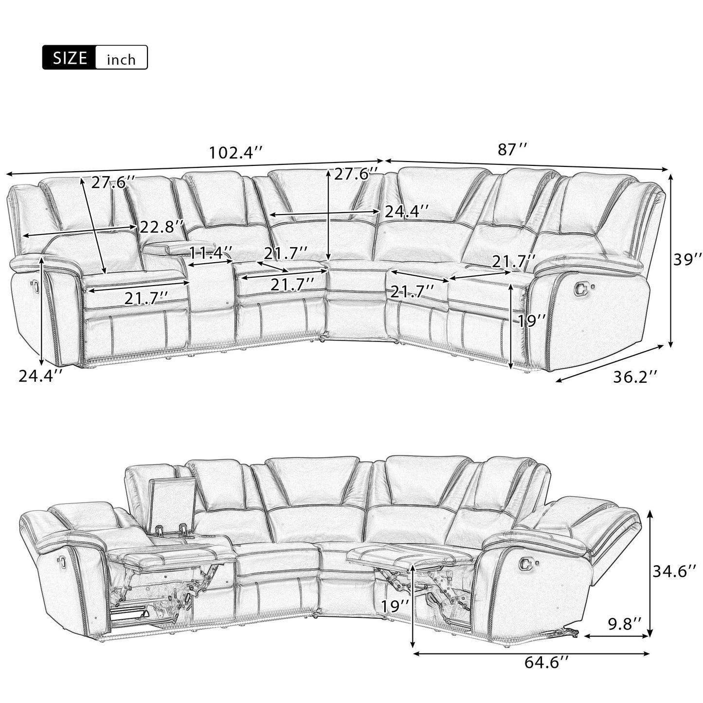 Modern Faux Leather Manual Reclining With Center Console With LED Light Strip, Living Room Furniture Set, PU Symmetrical Couch With 2 Cup Holders And Storage For Living Room