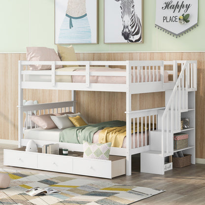 Stairway Bunk Bed With Drawer, Storage And Guard Rail For Bedroom