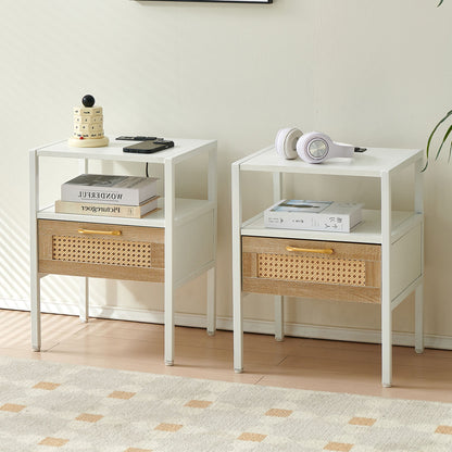 Rattan End Table With Power Outlet & USB Ports, Modern Nightstand With Drawer And Metal Legs, Side Table For Living Room, Bedroom