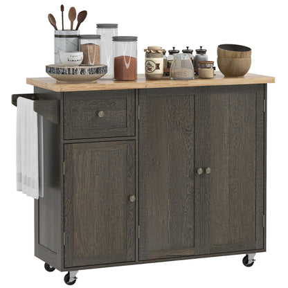 Homcom - Triple-Cabinet Rolling Kitchen Island On Wheels, Kitchen Cart With Storage Shelf Adjustment, Rolling Utility Cart With Wood Top, Towel Rack, Big Drawer - Distressed Brown