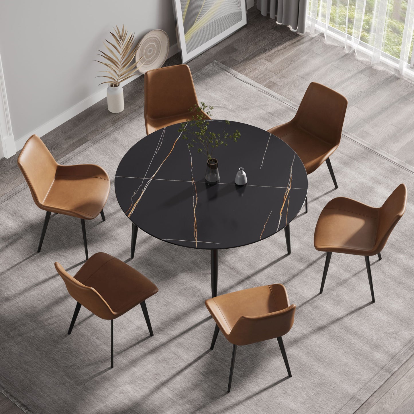 Modern Artificial Stone Round Dining Table With Metal Legs, Can Accommodate 6 People - Black