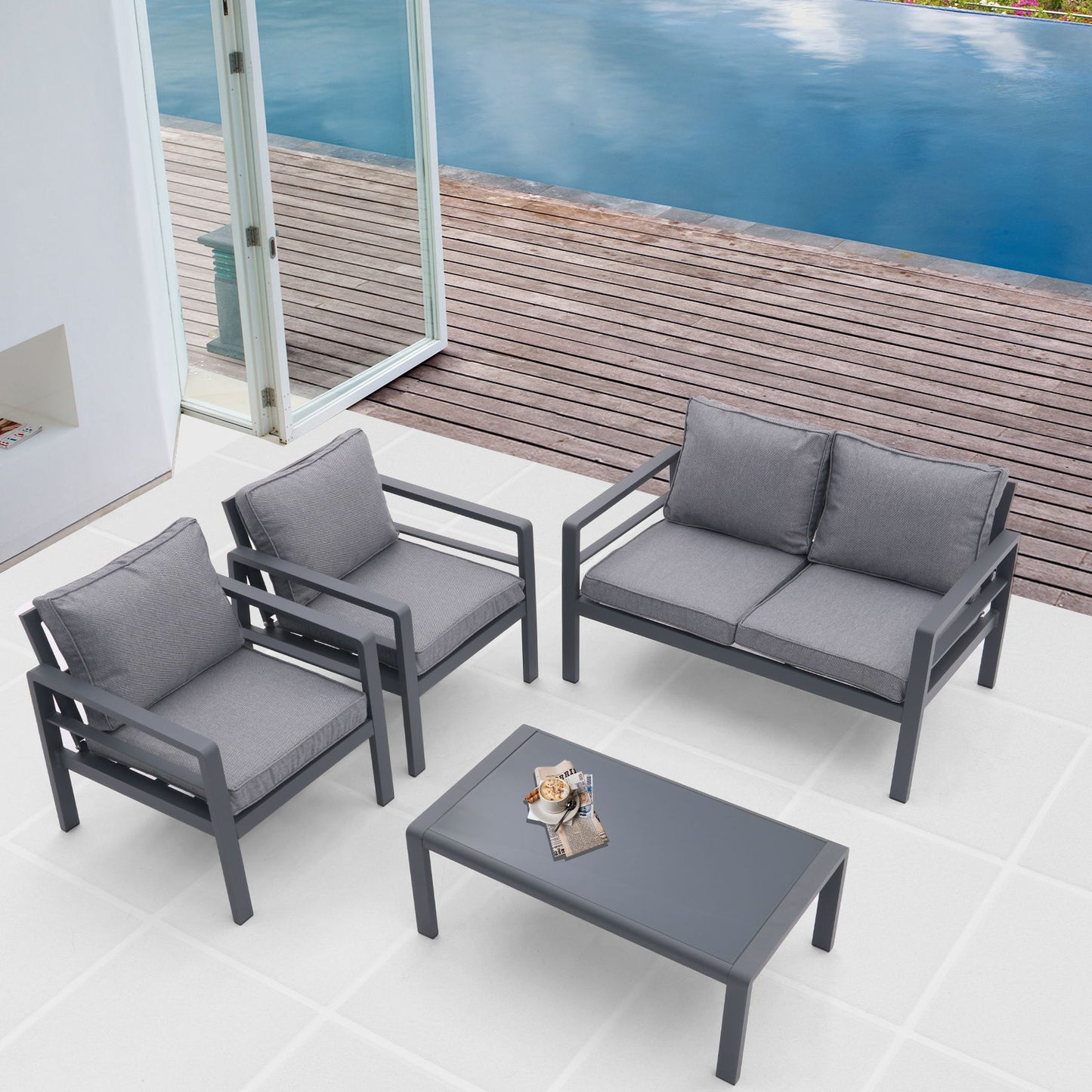 4 Piece Aluminum Outdoor Patio Conversation Set, All Weather Sectional Sofa Outside Furniture With Removable Cushions And Tempered Glass Coffee Table