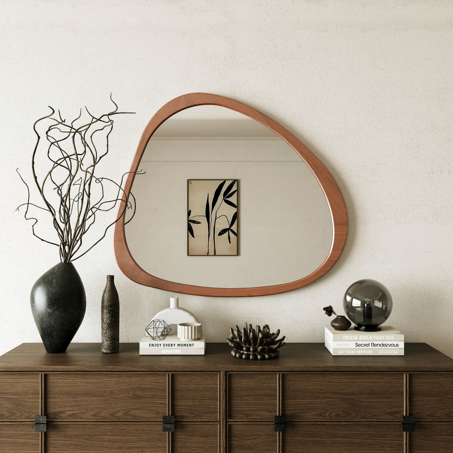 Asymmetrical Wall Mirror Wooden Framed Mirror Large Sized Dressing Mirror, For Living Room, Bedroom, Bathroom, Hallway Or Entry Way - Natural Wood