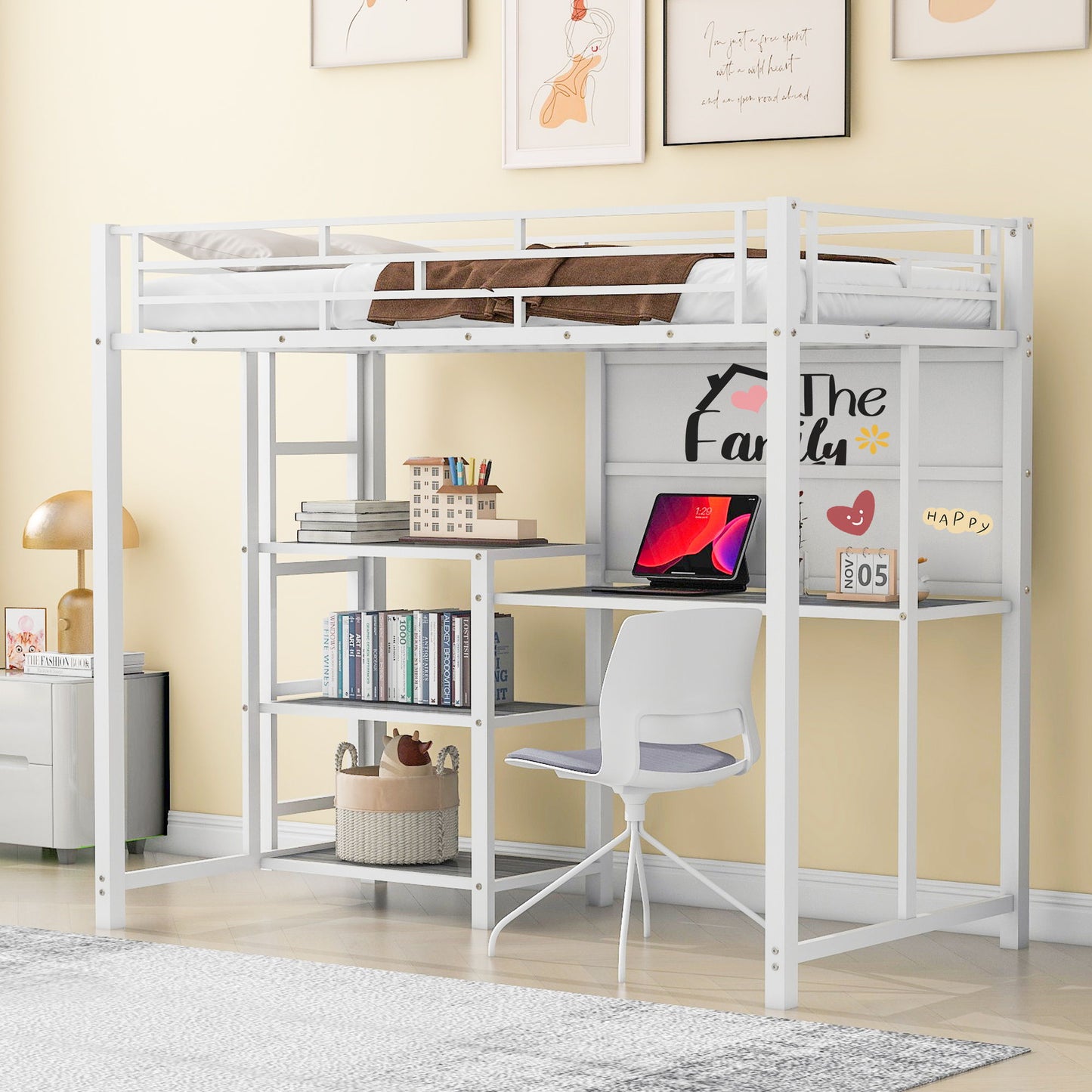 Loft Bed With Desk And Whiteboard, Metal Loft Bed With 3 Shelves And Ladder