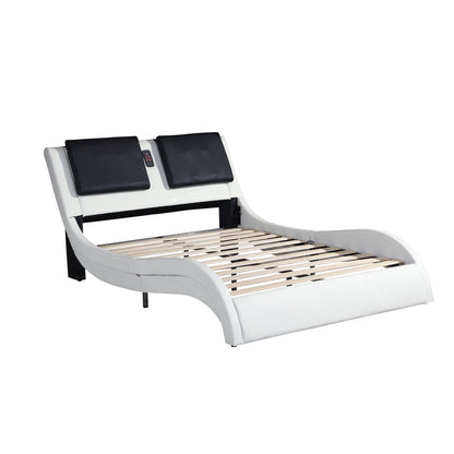 Upholstered Platform Bed Frame With LED Lighting, Bluetooth Connection To Play Music Control, Backrest Vibration Massage, Curve Design, Wood Slat Support, Exhibited Speakers