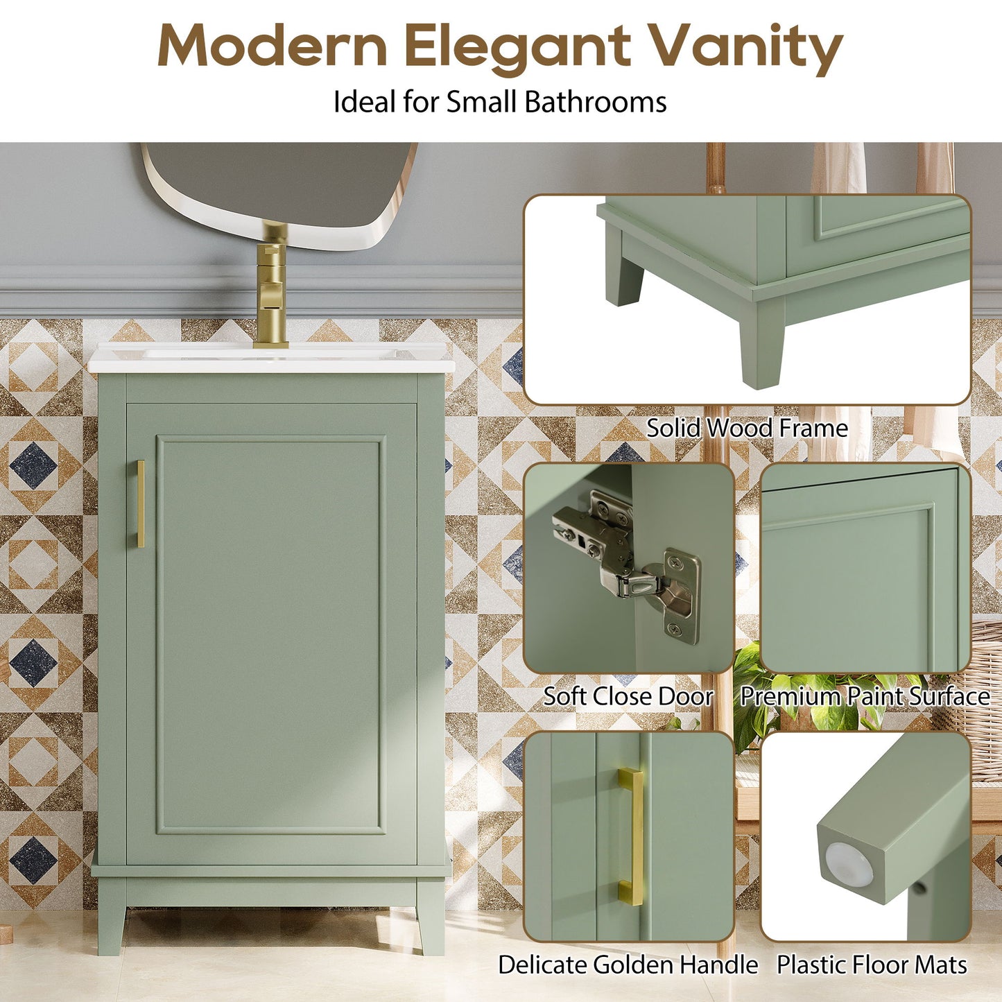 Modern Small Bathroom Vanity Cabinet With Ceramic Basin, Ample Storage, 1 Soft Close Door