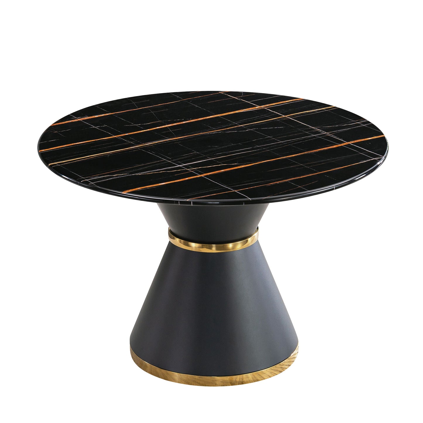 Marble Printed MDF Round Dining Table With Gold Annulus (Not Including Chairs) - Black