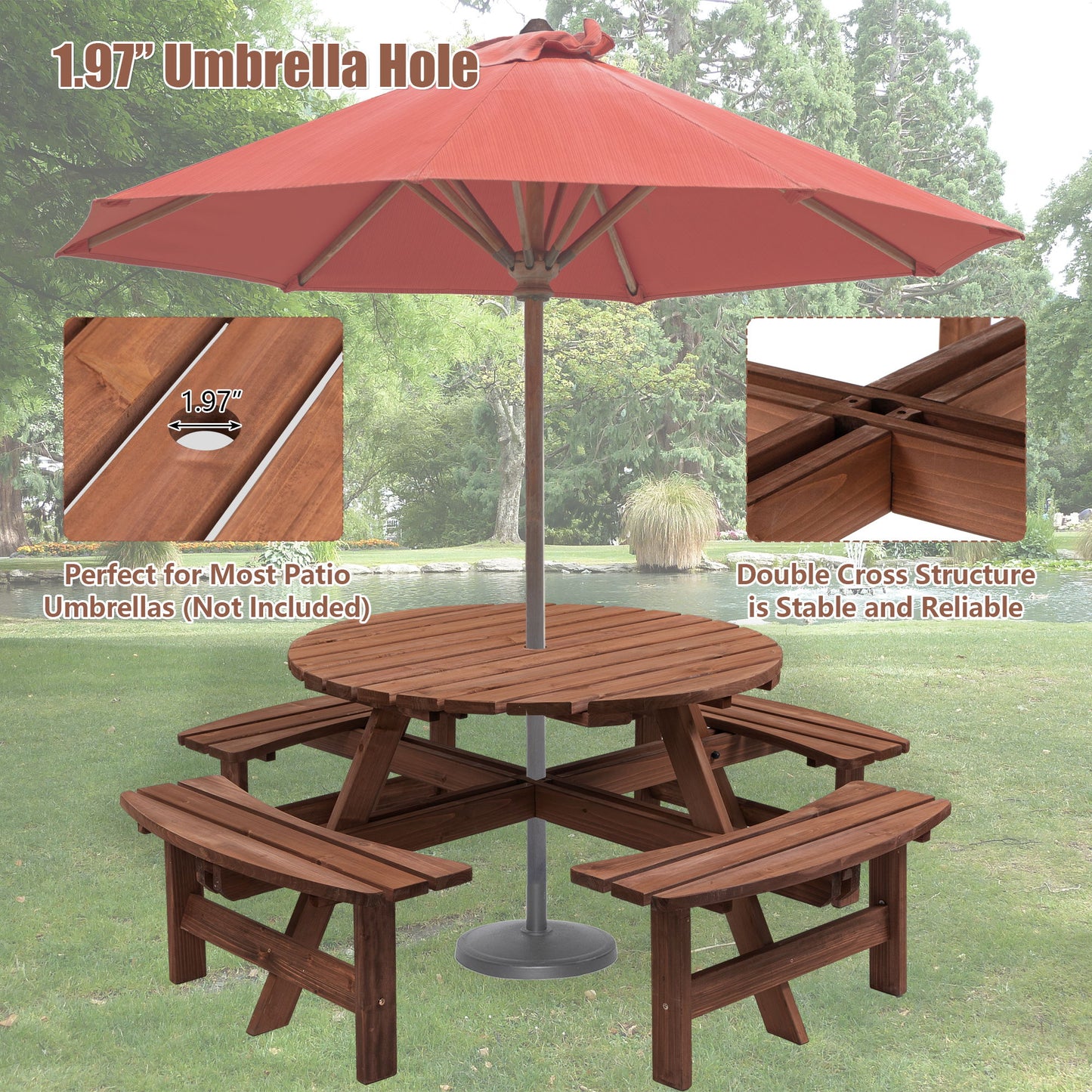 8 Person Wooden Picnic Table, Outdoor Camping Dining Table With Seat, Garden, Diy With 4 Built-In Benches, 2220Lb Capacity